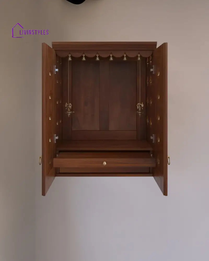 Elena - Traditional Pooja Mandir for Home with Doors Brass Bells & Lamps | Handcrafted Wooden Home Temple