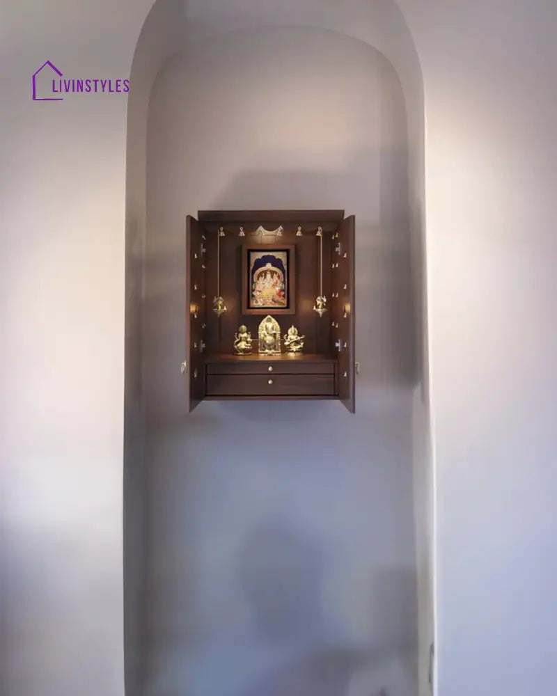 Elena - Traditional Pooja Mandir for Home with Doors Brass Bells & Lamps | Handcrafted Wooden Home Temple