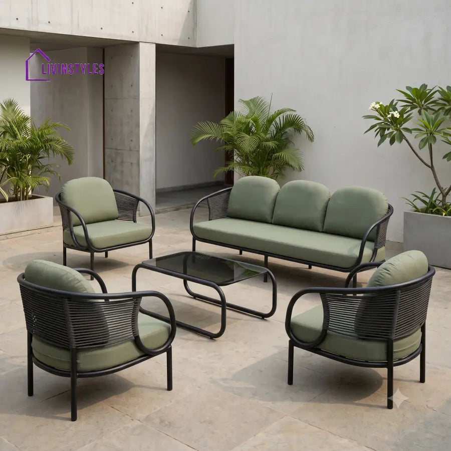 Eleonore Metal Frame and Rope Weaving Outdoor Sofa Set 3 + 1 +1 and Coffee Table | Premium Uphostery