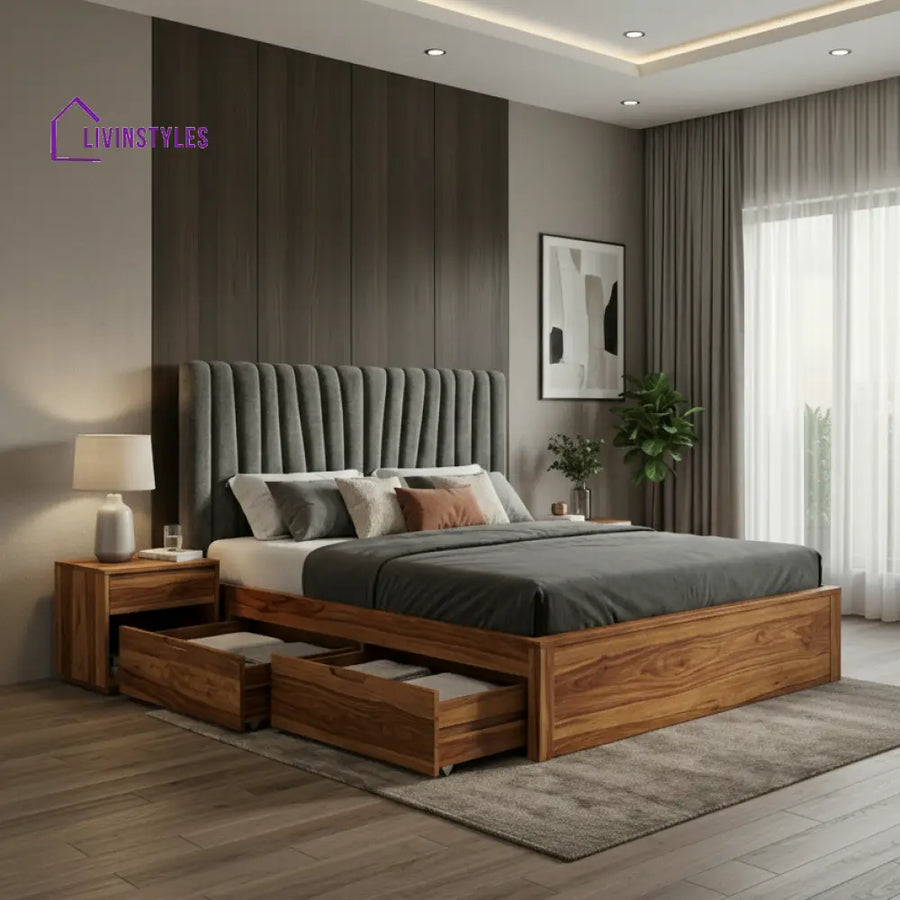 Eli Premium Sheesham Wood Bed with Fabric Headboard