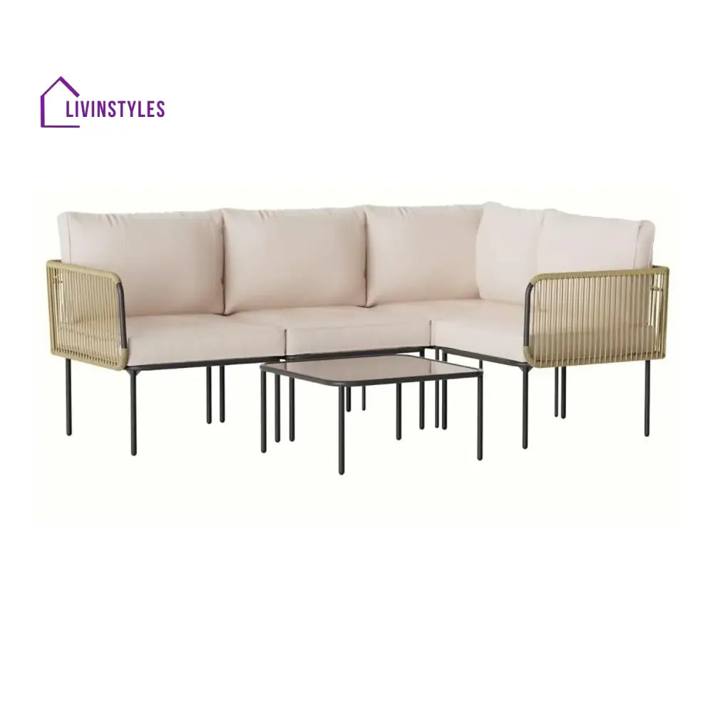 Eliana L-Shaped Rope Woven Outdoor Sofa Set (Beige & Cream) - Sofa Set
