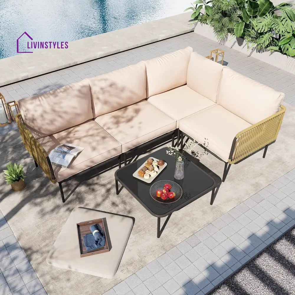 Eliana L-Shaped Rope Woven Outdoor Sofa Set (Beige & Cream) - Sofa Set