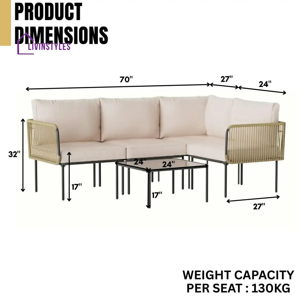 Eliana L-Shaped Rope Woven Outdoor Sofa Set (Beige & Cream) - Sofa Set