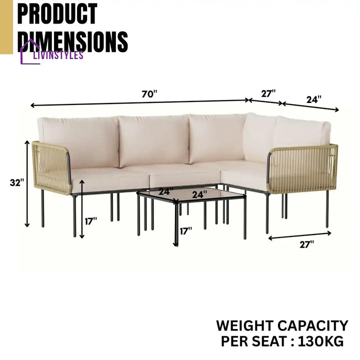 Eliana L-Shaped Rope Woven Outdoor Sofa Set (Beige & Cream) - Sofa Set