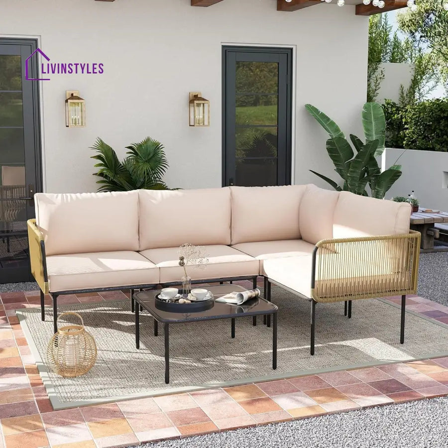 Eliana L-Shaped Rope Woven Outdoor Sofa Set (Beige & Cream) - Sofa Set