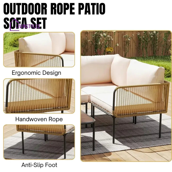 Eliana L-Shaped Rope Woven Outdoor Sofa Set (Beige & Cream) - Sofa Set