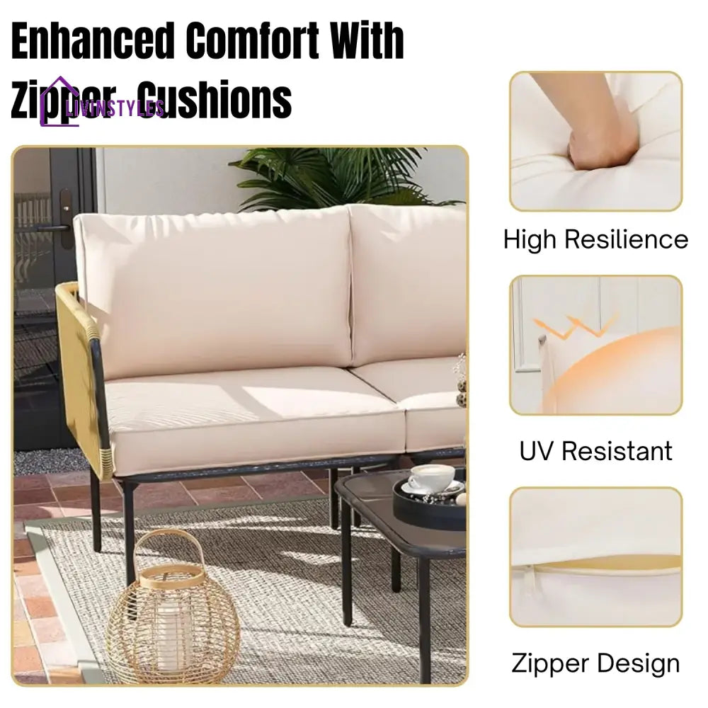 Eliana L-Shaped Rope Woven Outdoor Sofa Set (Beige & Cream) - Sofa Set