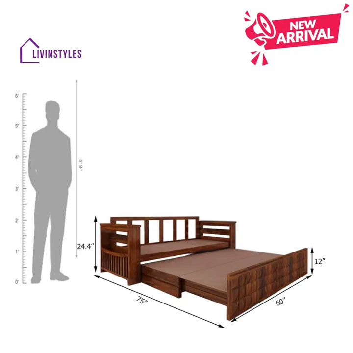 Eliana Solid Sheesham Wood 3 Seater Sofa Cum Bed With Mini Storage and Side Pockets Sofa Cum Bed