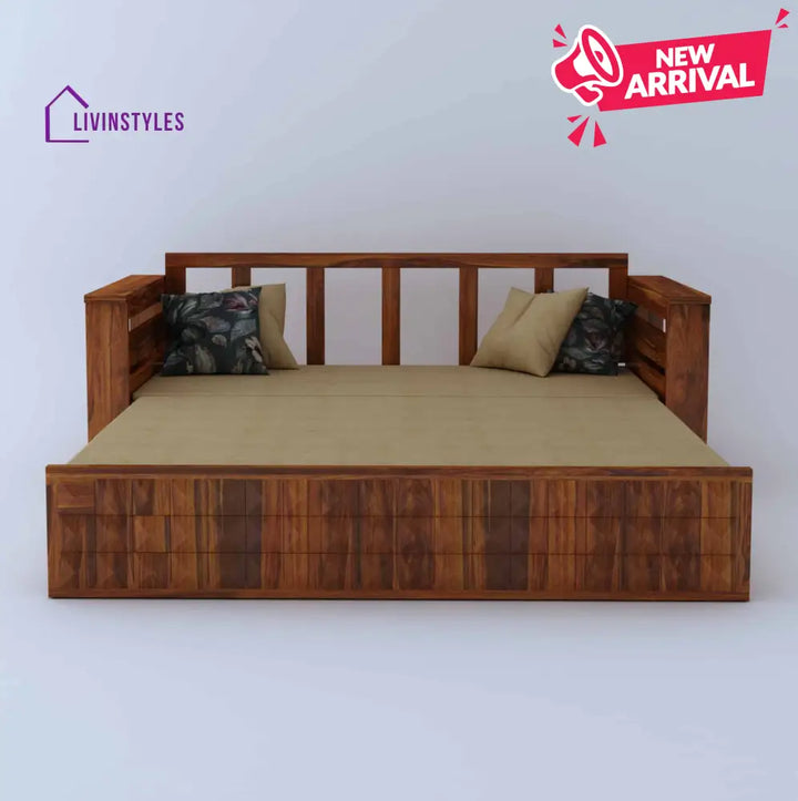 Eliana Solid Sheesham Wood 3 Seater Sofa Cum Bed With Mini Storage and Side Pockets Sofa Cum Bed