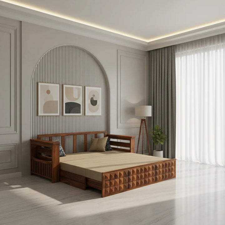 Eliana Solid Sheesham Wood 3 Seater Sofa Cum Bed With Mini Storage and Side Pockets Sofa Cum Bed