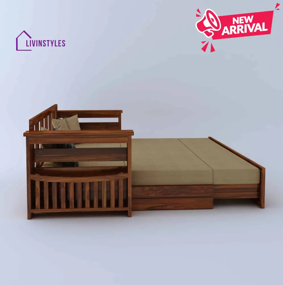 Eliana Solid Sheesham Wood 3 Seater Sofa Cum Bed With Mini Storage and Side Pockets Sofa Cum Bed