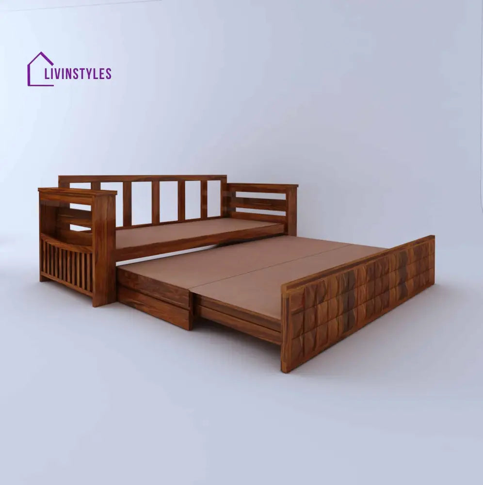 Eliana Solid Sheesham Wood 3 Seater Sofa Cum Bed With Mini Storage and Side Pockets Sofa Cum Bed