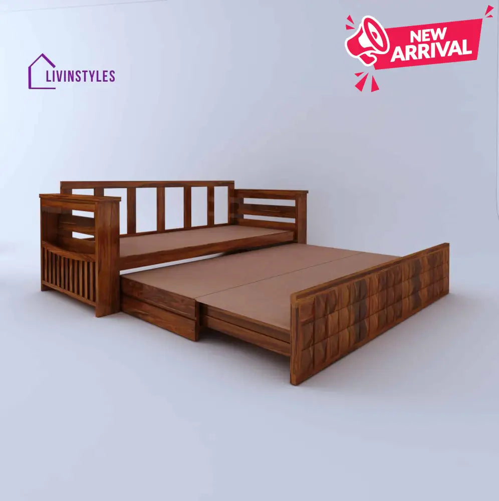 Eliana Solid Sheesham Wood 3 Seater Sofa Cum Bed With Mini Storage and Side Pockets Sofa Cum Bed