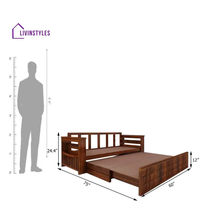 Eliana Solid Sheesham Wood 3 Seater Sofa Cum Bed With Mini Storage and Side Pockets Sofa Cum Bed