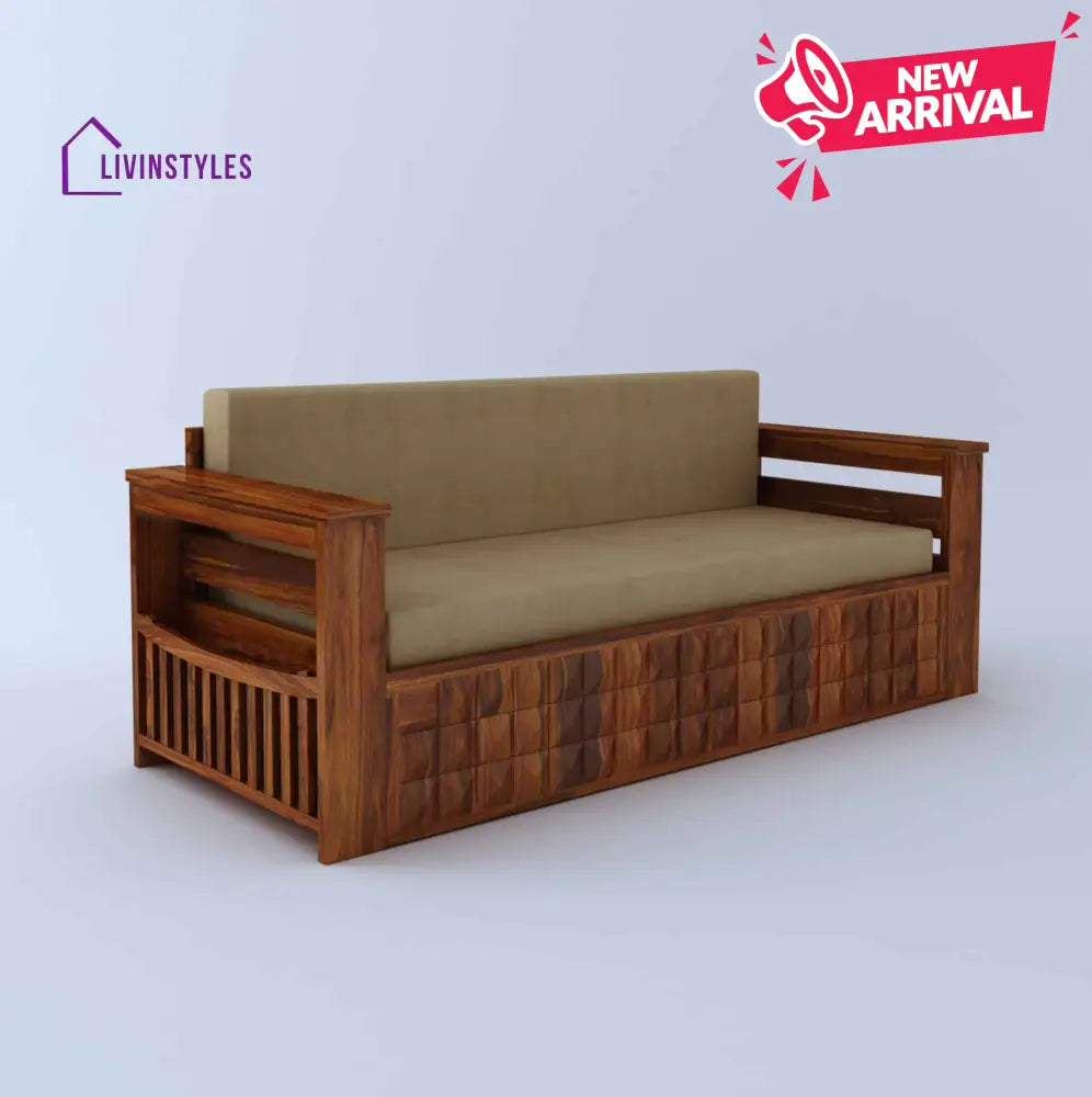 Eliana Solid Sheesham Wood 3 Seater Sofa Cum Bed With Mini Storage and Side Pockets Sofa Cum Bed