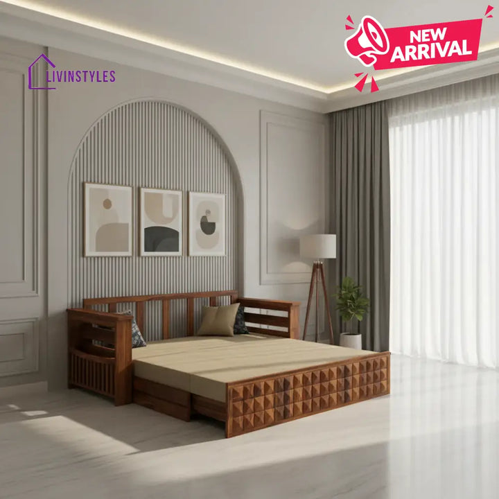 Eliana Solid Sheesham Wood 3 Seater Sofa Cum Bed With Mini Storage and Side Pockets Sofa Cum Bed