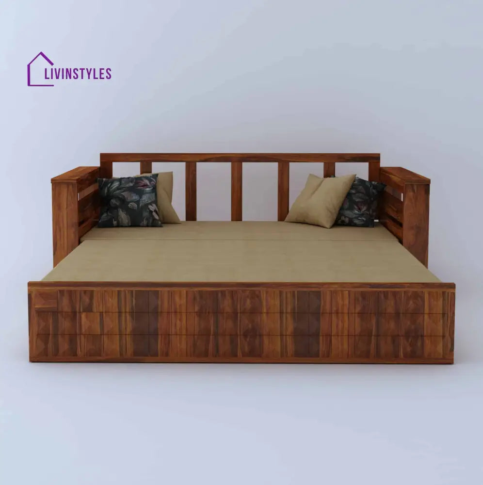 Eliana Solid Sheesham Wood 3 Seater Sofa Cum Bed With Mini Storage and Side Pockets Sofa Cum Bed