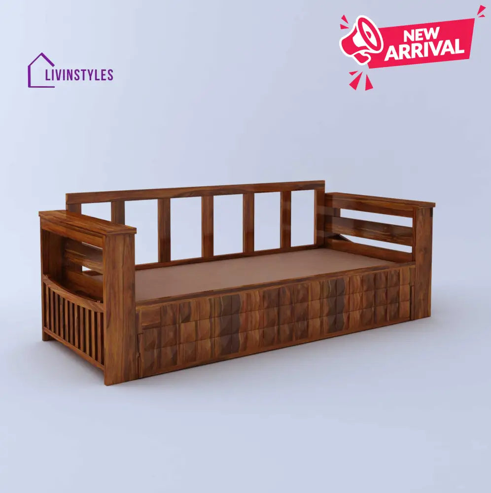 Eliana Solid Sheesham Wood 3 Seater Sofa Cum Bed With Mini Storage and Side Pockets Sofa Cum Bed