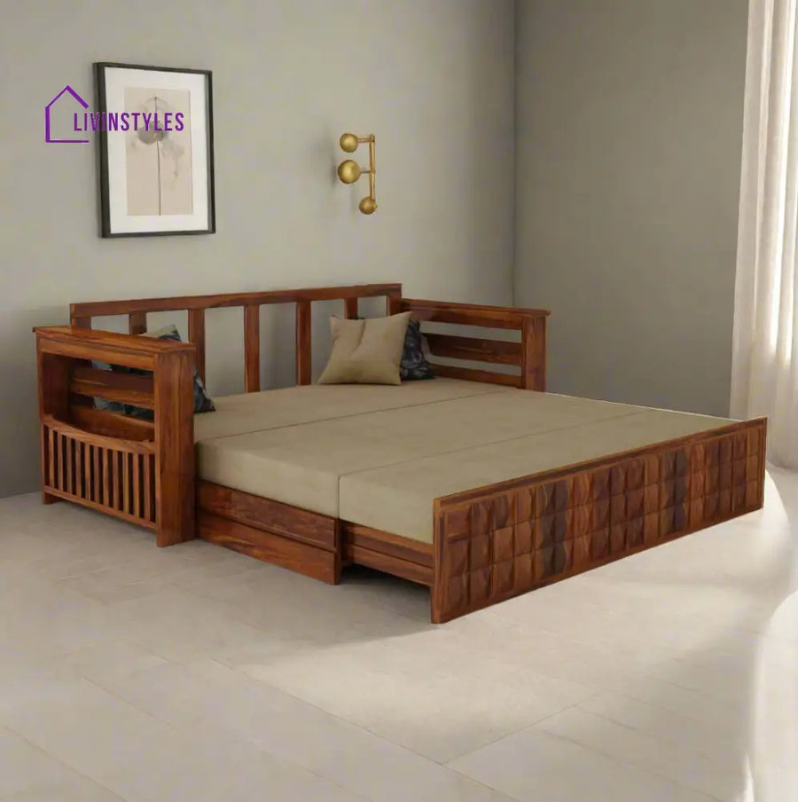 Eliana Solid Sheesham Wood 3 Seater Sofa Cum Bed With Mini Storage and Side Pockets Sofa Cum Bed