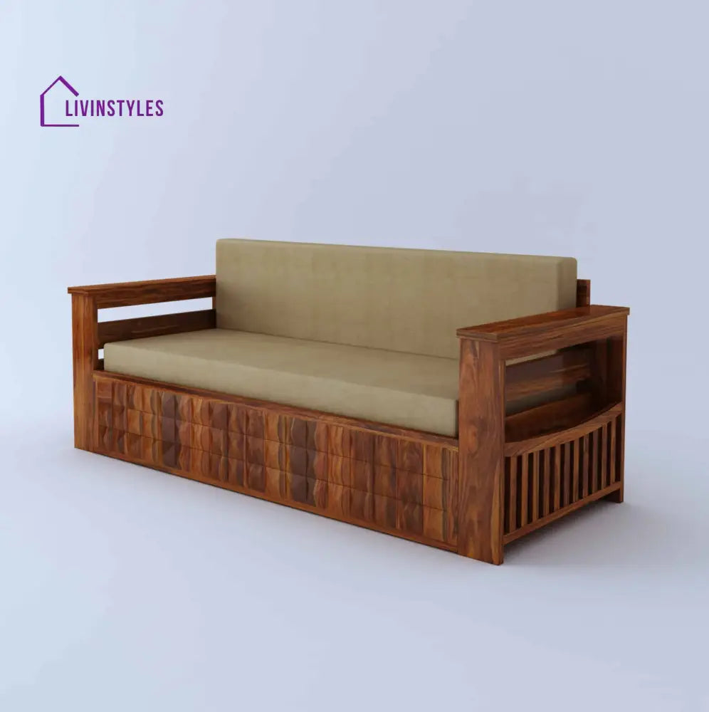 Eliana Solid Sheesham Wood 3 Seater Sofa Cum Bed With Mini Storage and Side Pockets Sofa Cum Bed