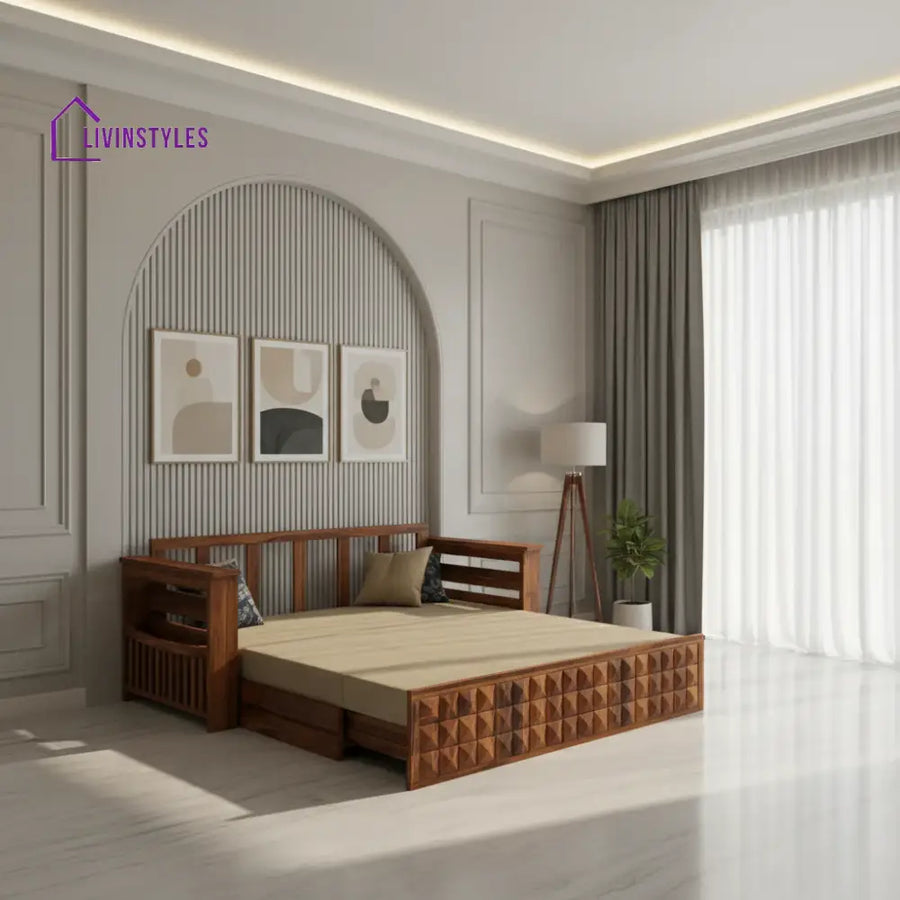 Eliana Solid Sheesham Wood 3 Seater Sofa Cum Bed With Mini Storage and Side Pockets Sofa Cum Bed