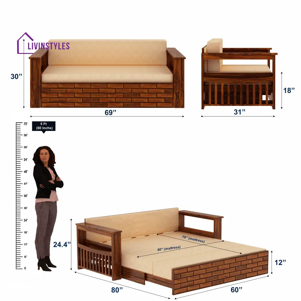 Eliana Solid Sheesham Wood 3 Seater Sofa Cum Bed With Side Pockets and Fabric at Back Sofa Cum Bed