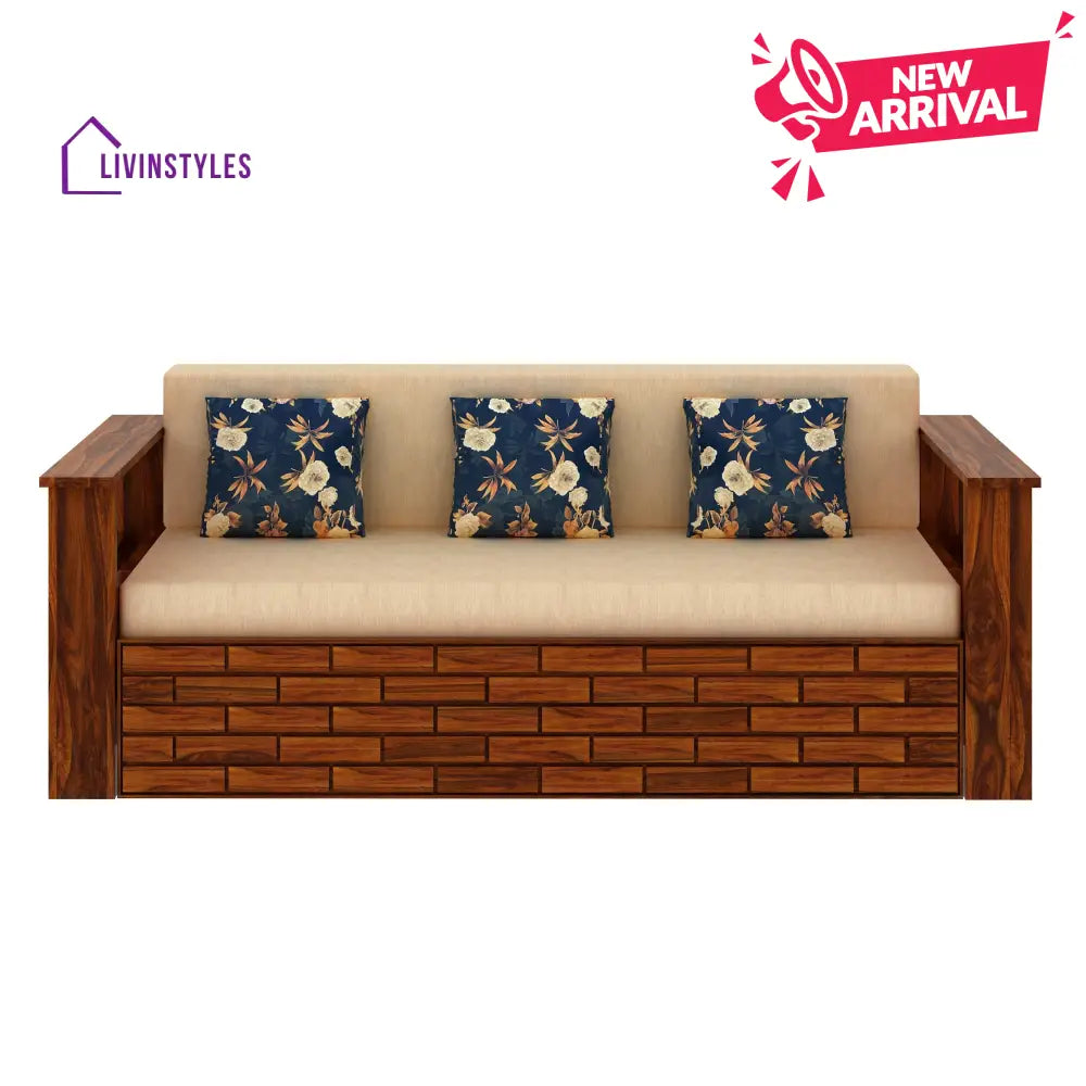 Eliana Solid Sheesham Wood 3 Seater Sofa Cum Bed With Side Pockets and Fabric at Back Sofa Cum Bed