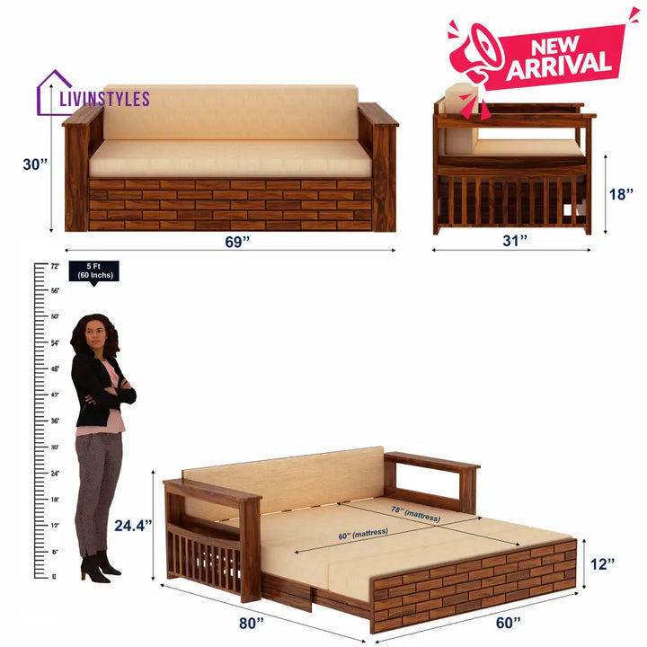 Eliana Solid Sheesham Wood 3 Seater Sofa Cum Bed With Side Pockets and Fabric at Back Sofa Cum Bed