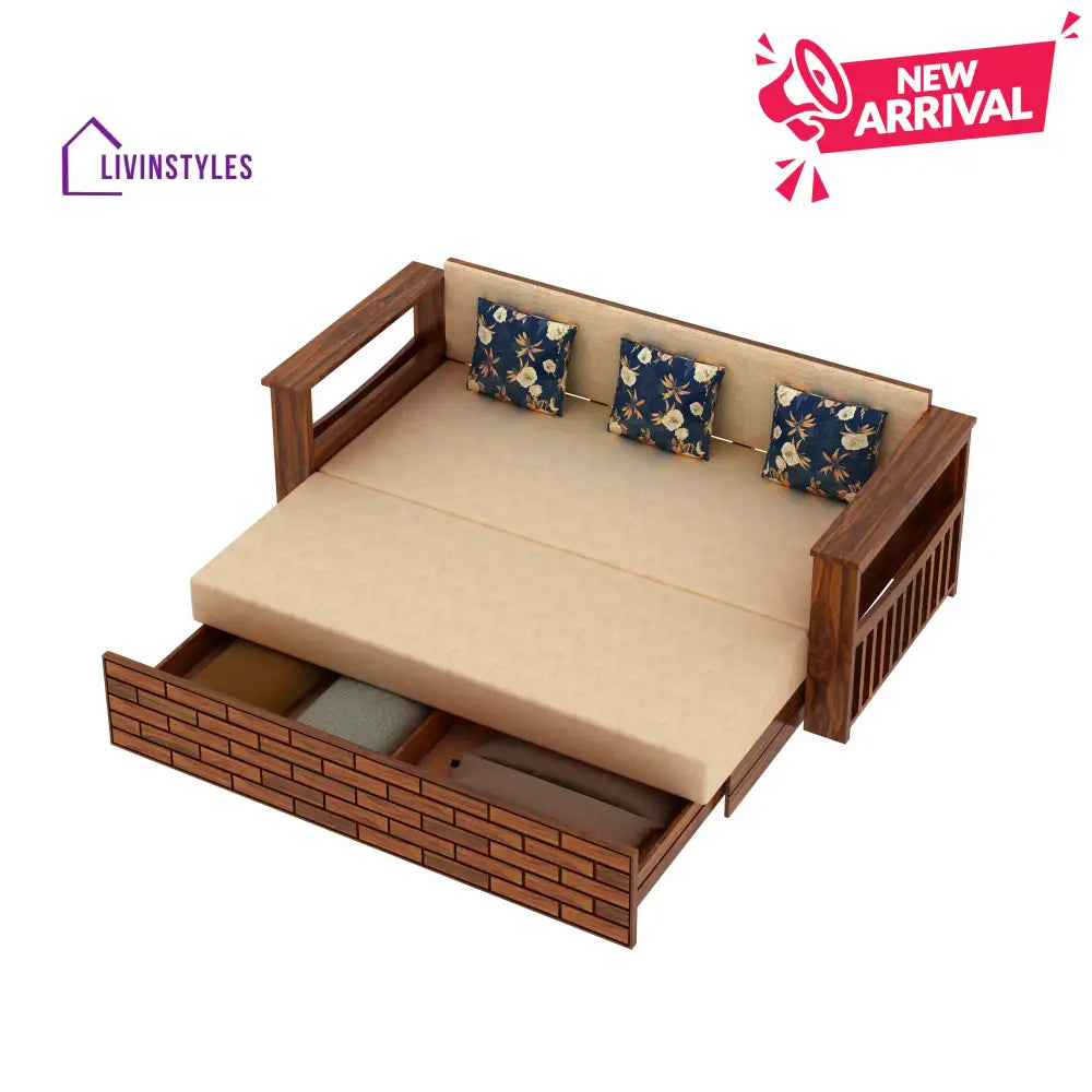 Eliana Solid Sheesham Wood 3 Seater Sofa Cum Bed With Side Pockets and Fabric at Back Sofa Cum Bed