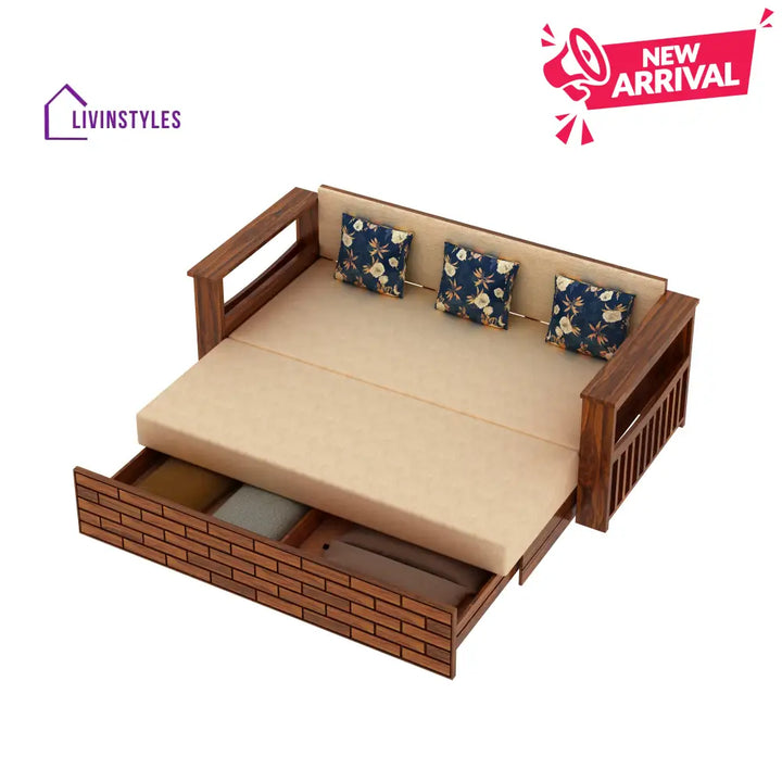 Eliana Solid Sheesham Wood 3 Seater Sofa Cum Bed With Side Pockets and Fabric at Back Sofa Cum Bed