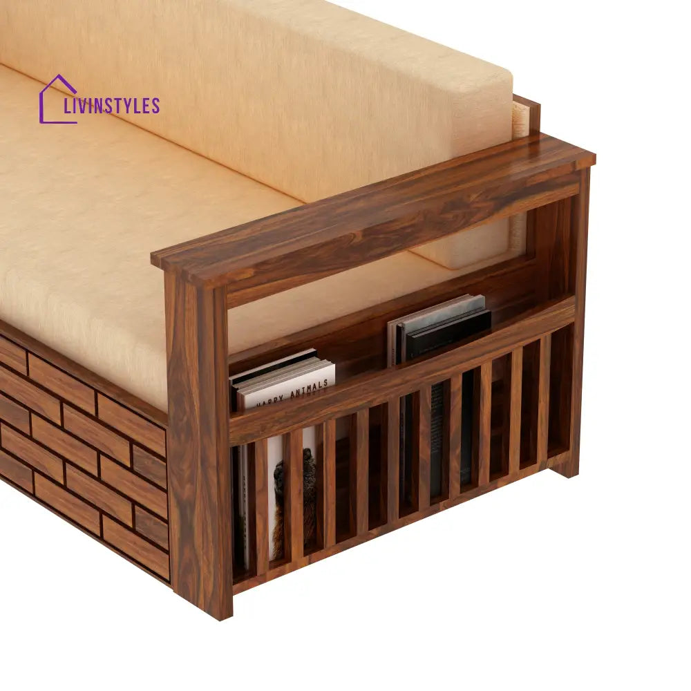 Eliana Solid Sheesham Wood 3 Seater Sofa Cum Bed With Side Pockets and Fabric at Back Sofa Cum Bed