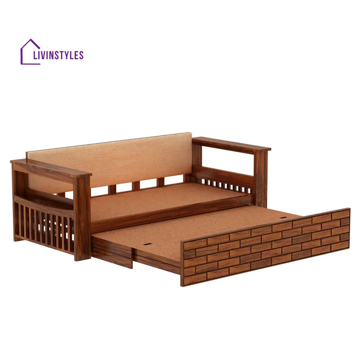 Eliana Solid Sheesham Wood 3 Seater Sofa Cum Bed With Side Pockets and Fabric at Back Sofa Cum Bed