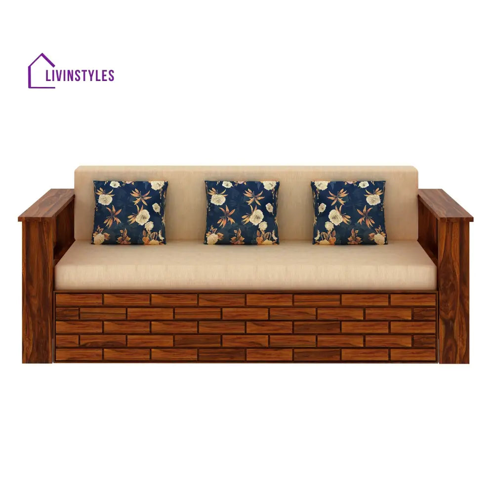 Eliana Solid Sheesham Wood 3 Seater Sofa Cum Bed With Side Pockets and Fabric at Back Sofa Cum Bed
