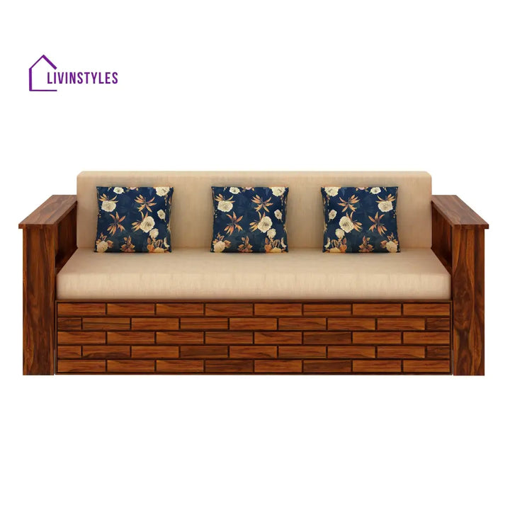 Eliana Solid Sheesham Wood 3 Seater Sofa Cum Bed With Side Pockets and Fabric at Back Sofa Cum Bed