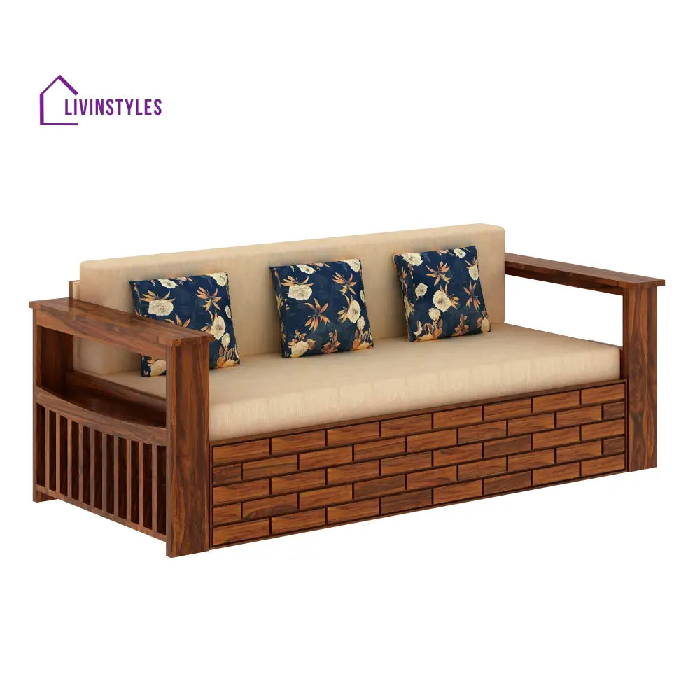 Eliana Solid Sheesham Wood 3 Seater Sofa Cum Bed With Side Pockets and Fabric at Back Sofa Cum Bed