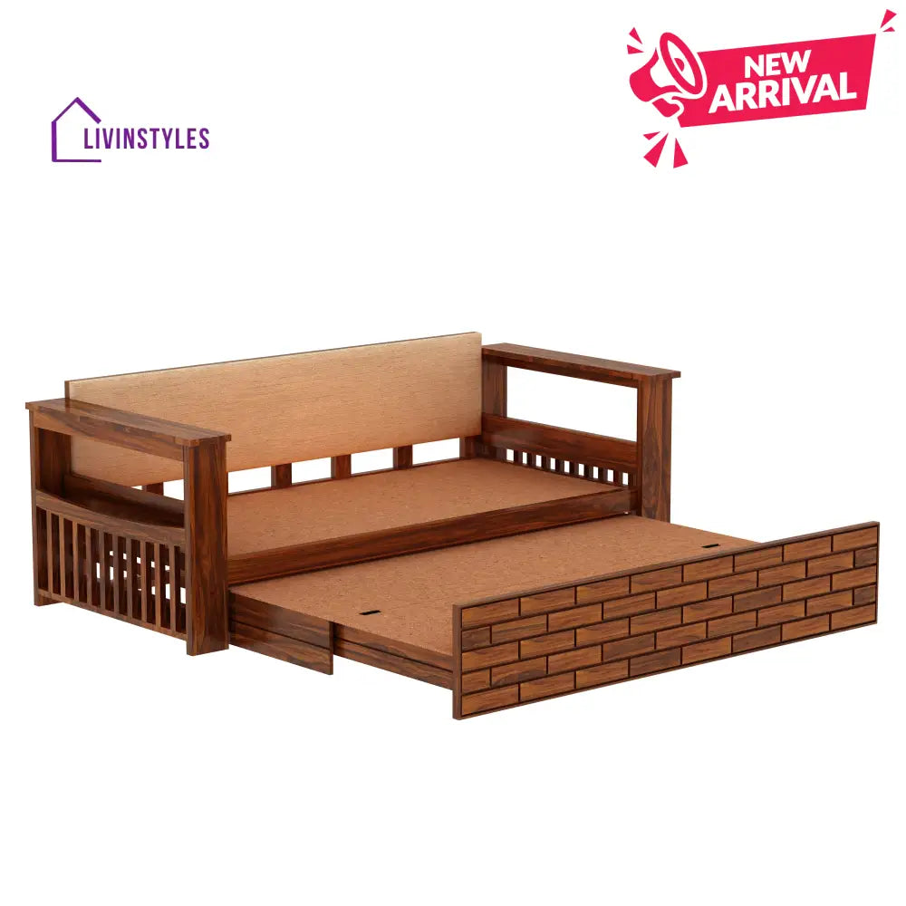 Eliana Solid Sheesham Wood 3 Seater Sofa Cum Bed With Side Pockets and Fabric at Back Sofa Cum Bed