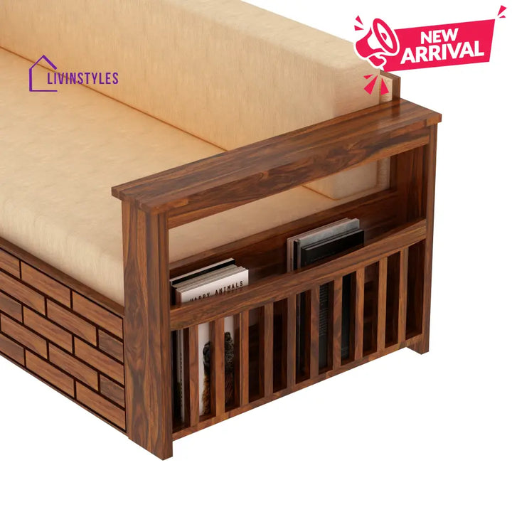 Eliana Solid Sheesham Wood 3 Seater Sofa Cum Bed With Side Pockets and Fabric at Back Sofa Cum Bed