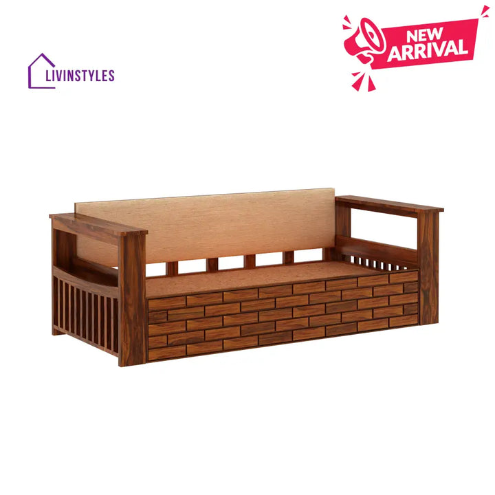Eliana Solid Sheesham Wood 3 Seater Sofa Cum Bed With Side Pockets and Fabric at Back Sofa Cum Bed