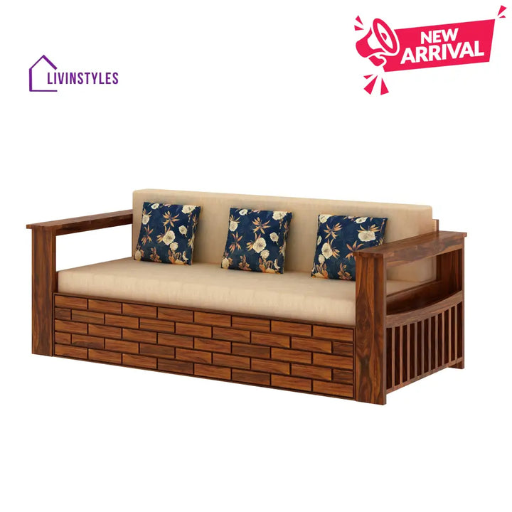 Eliana Solid Sheesham Wood 3 Seater Sofa Cum Bed With Side Pockets and Fabric at Back Sofa Cum Bed