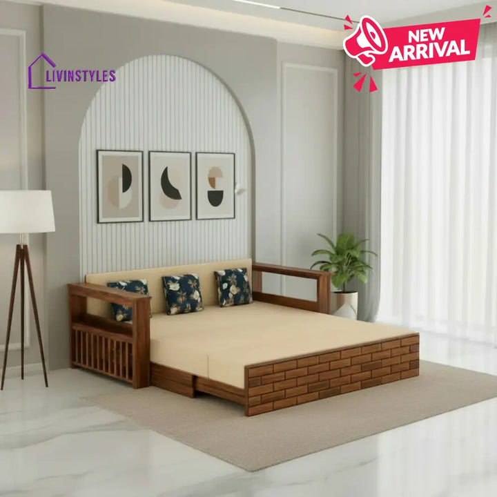 Eliana Solid Sheesham Wood 3 Seater Sofa Cum Bed With Side Pockets and Fabric at Back Sofa Cum Bed