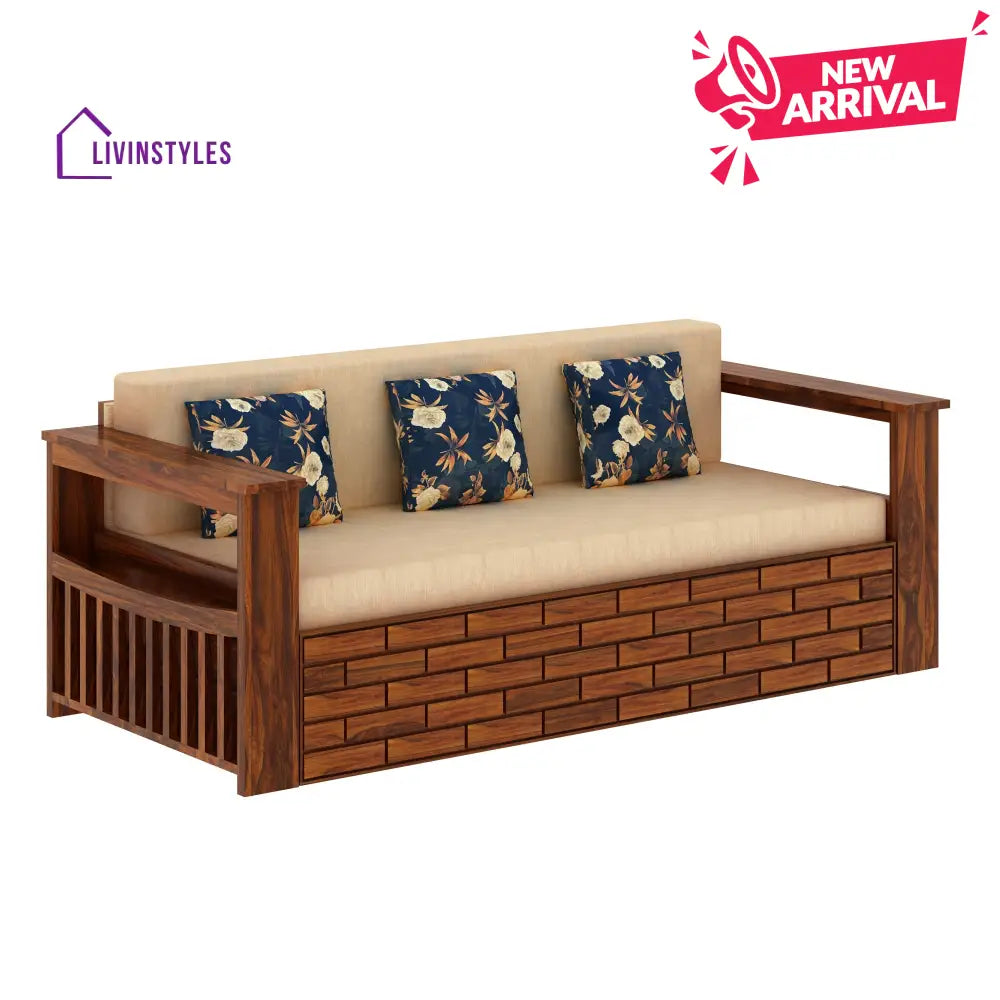 Eliana Solid Sheesham Wood 3 Seater Sofa Cum Bed With Side Pockets and Fabric at Back Sofa Cum Bed