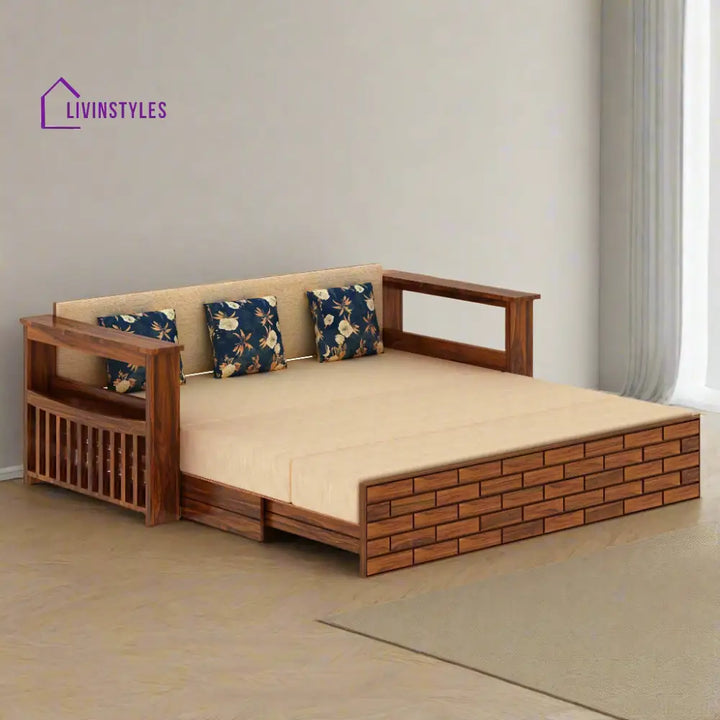 Eliana Solid Sheesham Wood 3 Seater Sofa Cum Bed With Side Pockets and Fabric at Back Sofa Cum Bed