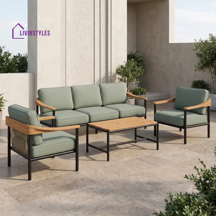Eliane Metal Frame and Rope Weaving Outdoor Sofa Set 3 + 1 +1 and Coffee Table | Premium Uphostery