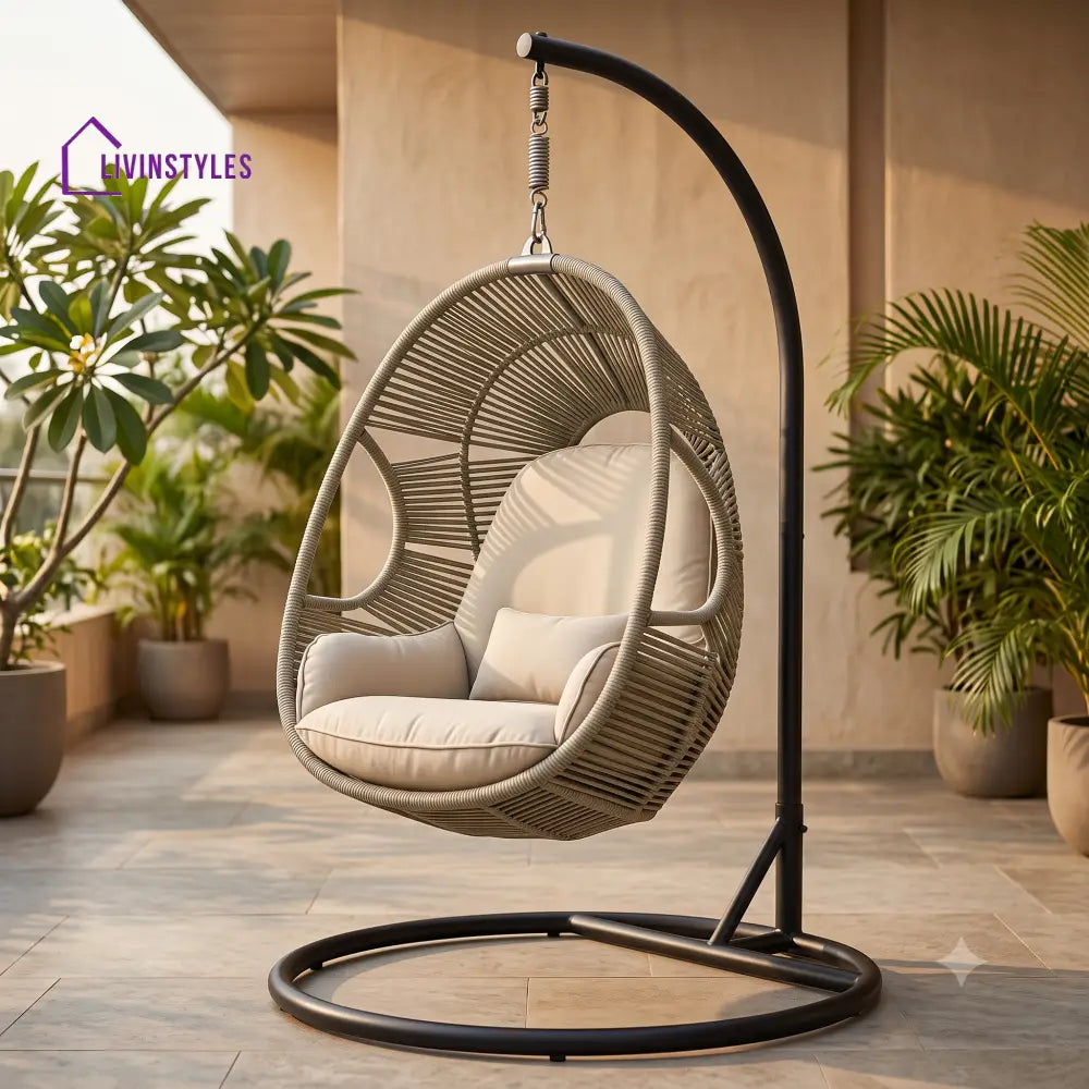 Elie Single Seater Metal Swing Chair With Stand And Rope Woven Seat