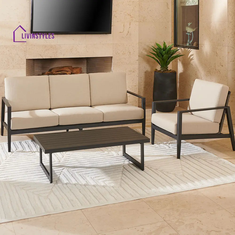 Eliseo Outdoor Sofa Set 3 Seater 2 Single seater and 1 Center Table (Black) - Beige - Sofa Sets