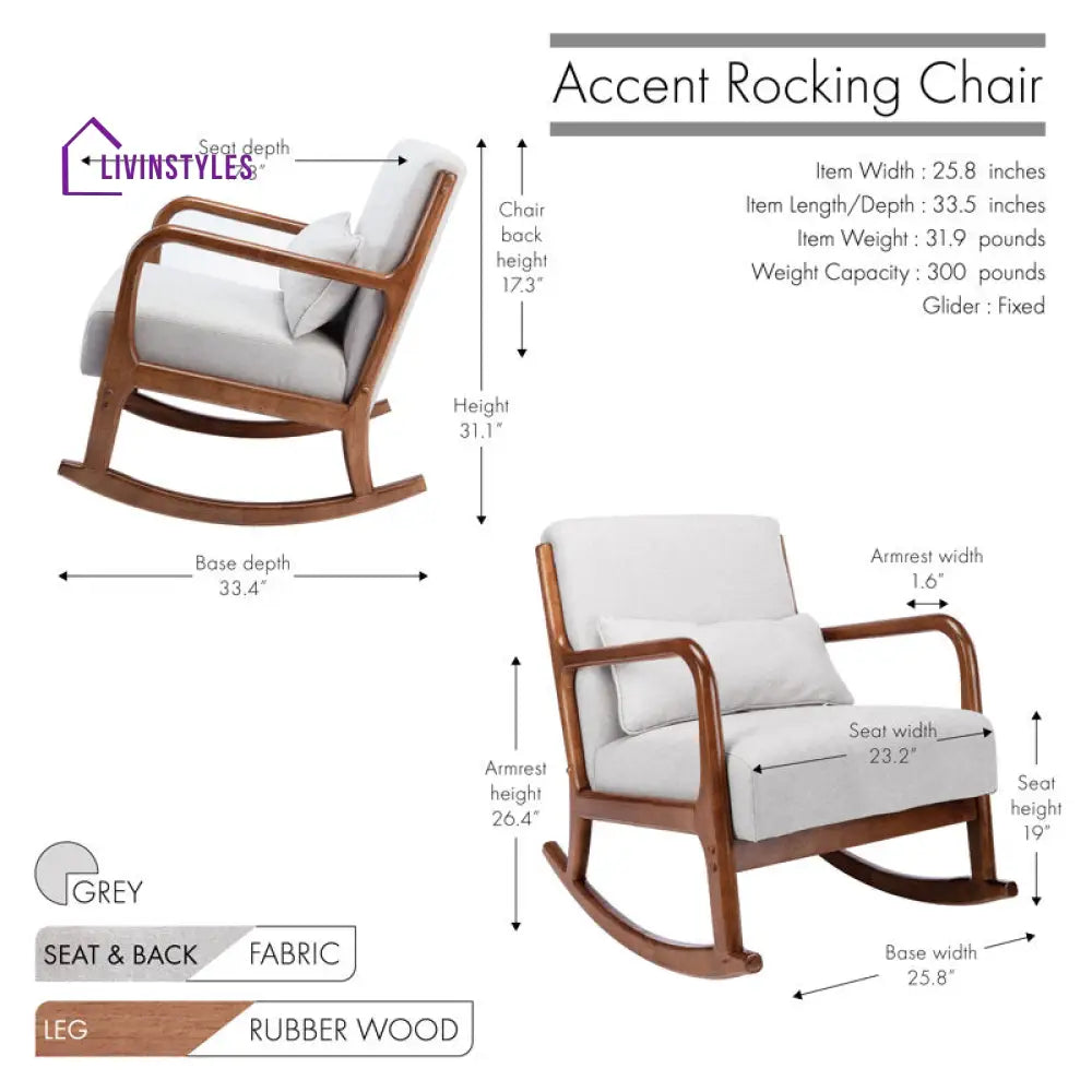 Elisha Solid Wood and Fabric Rocking Chair | Arm Chair | Living Room Chair | Lounge Chair
