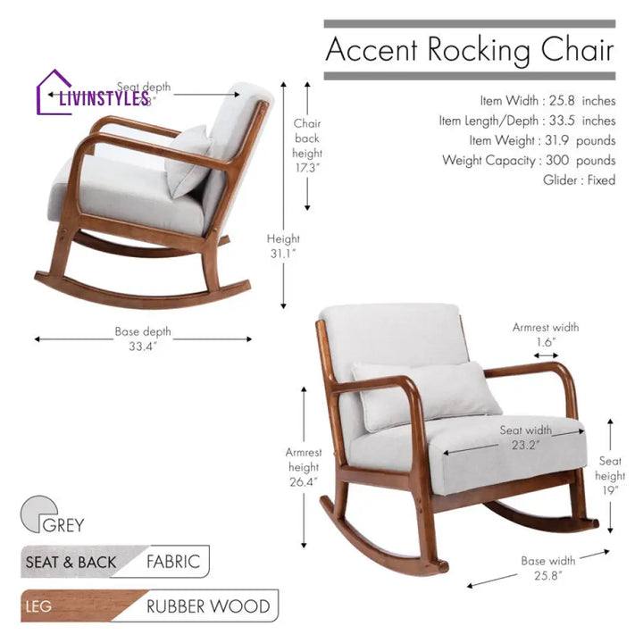 Elisha Solid Wood and Fabric Rocking Chair | Arm Chair | Living Room Chair | Lounge Chair