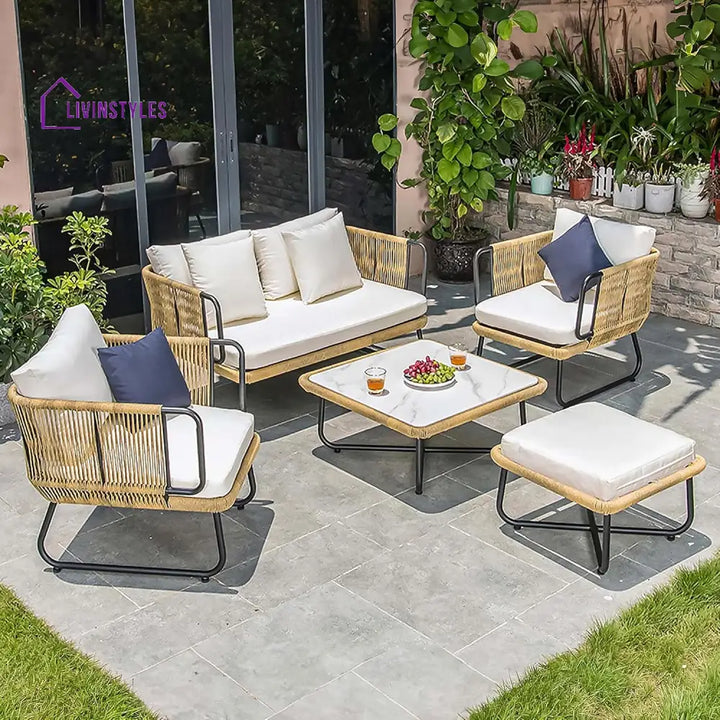 Elix Outdoor Sofa Set 2 Seater 2 Single seater and 1 Center Table with ottoman (Tan) Braided & Rope - Sofa Sets