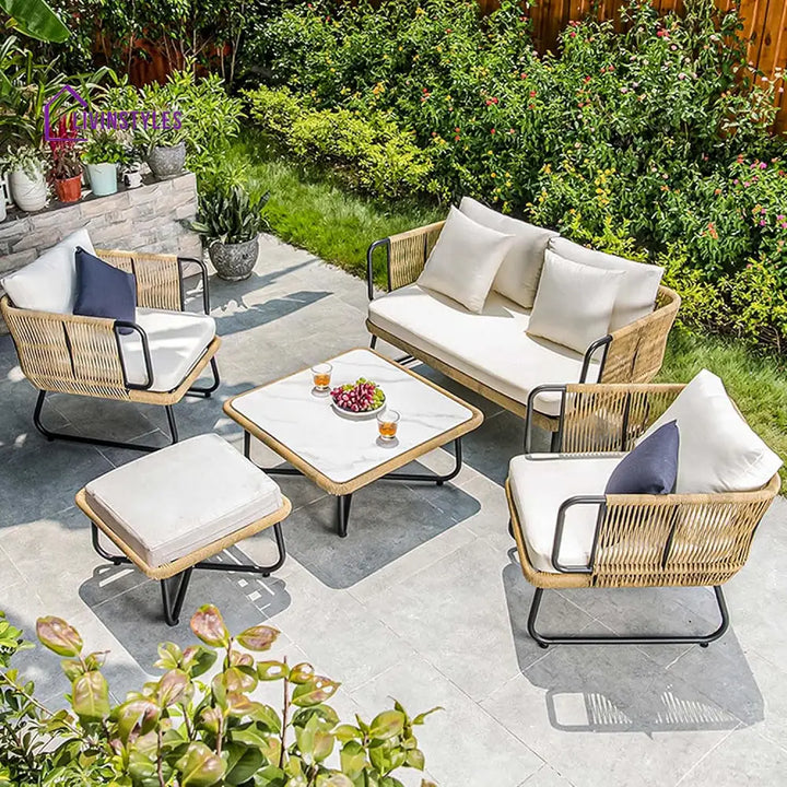 Elix Outdoor Sofa Set 2 Seater 2 Single seater and 1 Center Table with ottoman (Tan) Braided & Rope - Sofa Sets
