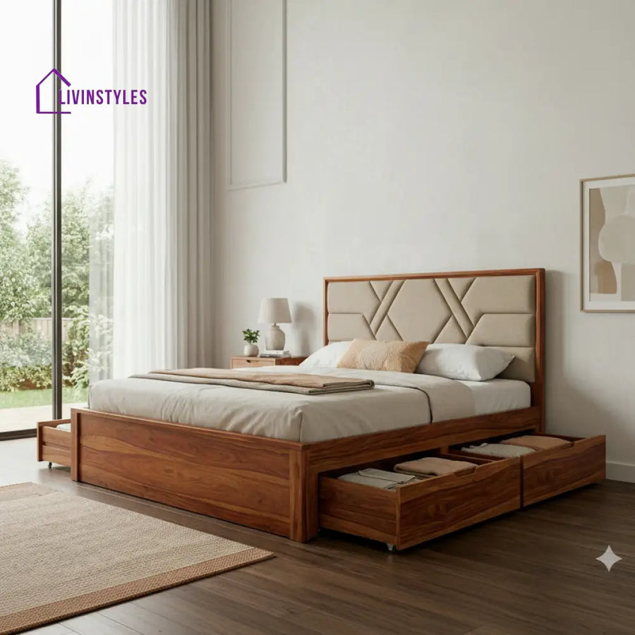 Eliza Premium Sheesham Wood Bed with Fabric Headboard